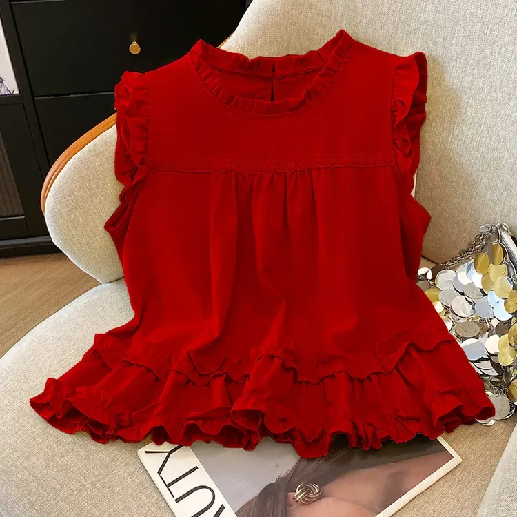 夏季法式新款无袖木耳边衬衫2025甜美宽松别致飞袖上衣女娃娃减龄