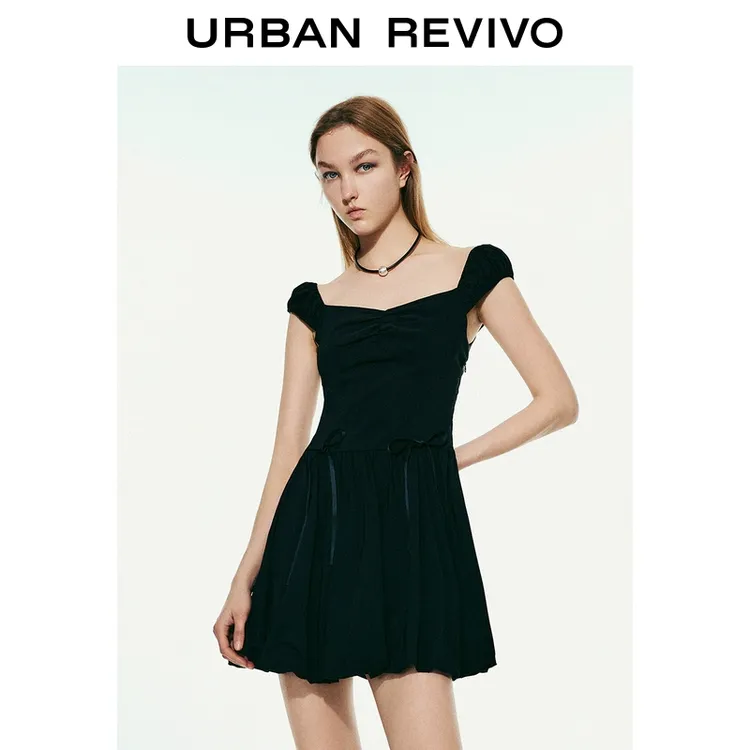 UR2025春季新款女装欧若风氛围感修身褶皱系带连衣裙UYV750031