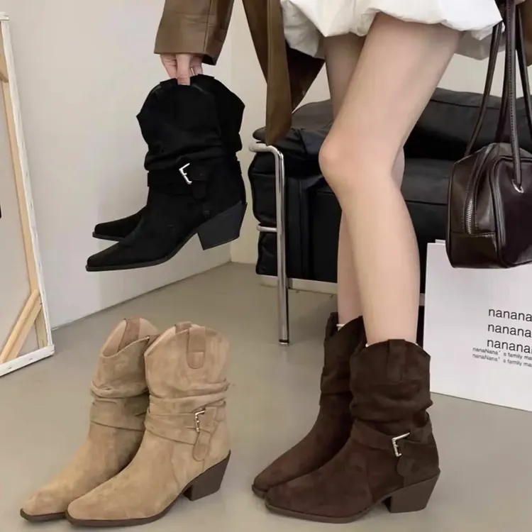 秋季橡胶韩版中跟短筒方头马丁靴高筒单靴百搭粗跟