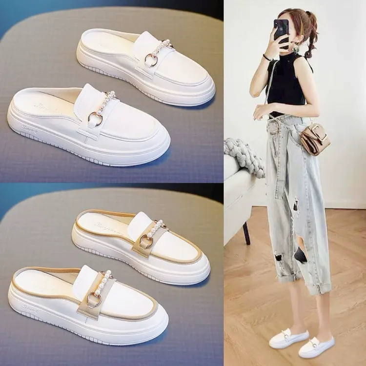 包头半拖鞋女2025新款夏季外穿凉拖鞋一脚蹬乐福鞋软底学生小白鞋