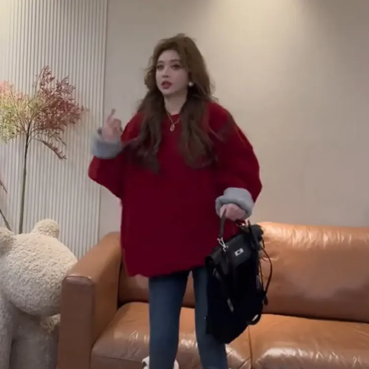 韩系慵懒风加绒加厚颗粒绒卫衣冬季宽松显瘦时尚百搭上衣网红ins