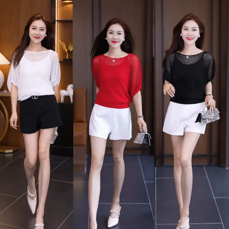 爆款2025新款夏季冰丝套头时尚镂空纯色短袖针织衫蕾丝显瘦洋气