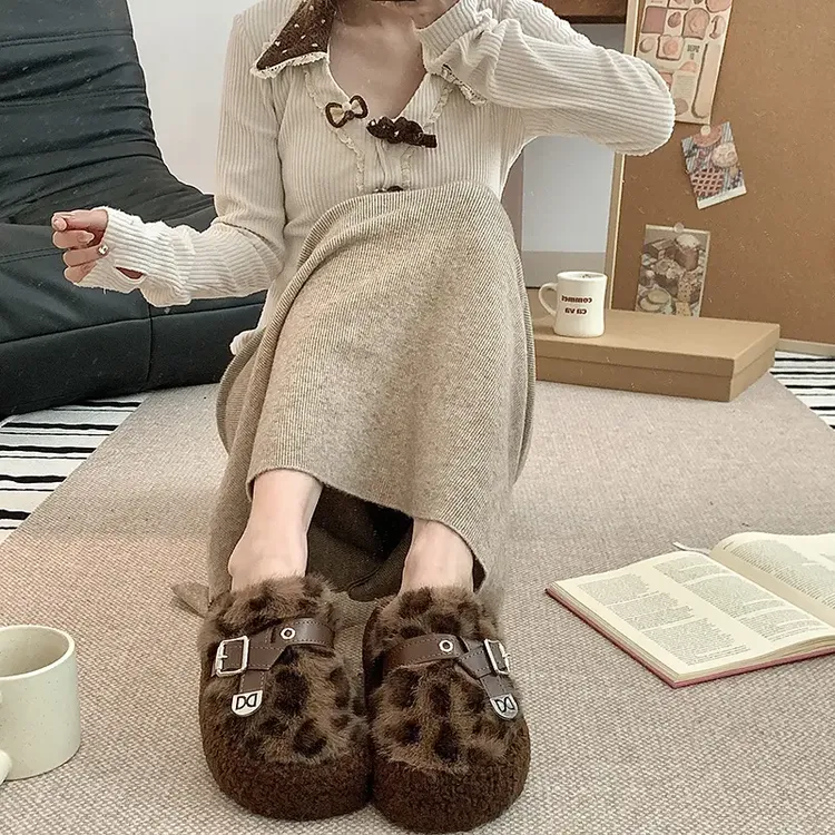 豹纹厚底毛毛鞋女2025秋冬季新款外穿加绒加厚保暖棉鞋百搭拖鞋
