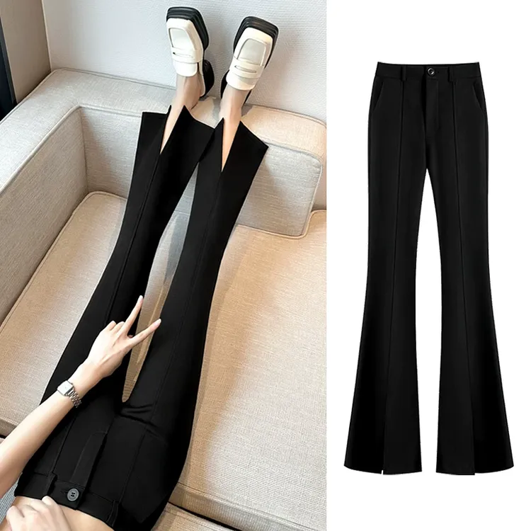 西装微喇叭裤女春秋高腰垂感紧身弹力八分黑色小个子150开叉九分