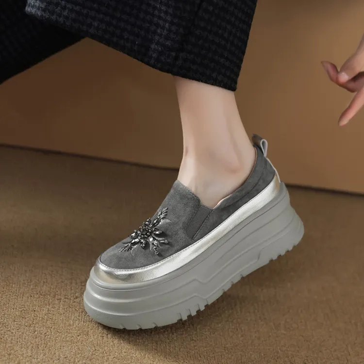 厚底真皮单鞋显瘦松糕鞋春秋新款深口板鞋乐福休闲增高女鞋