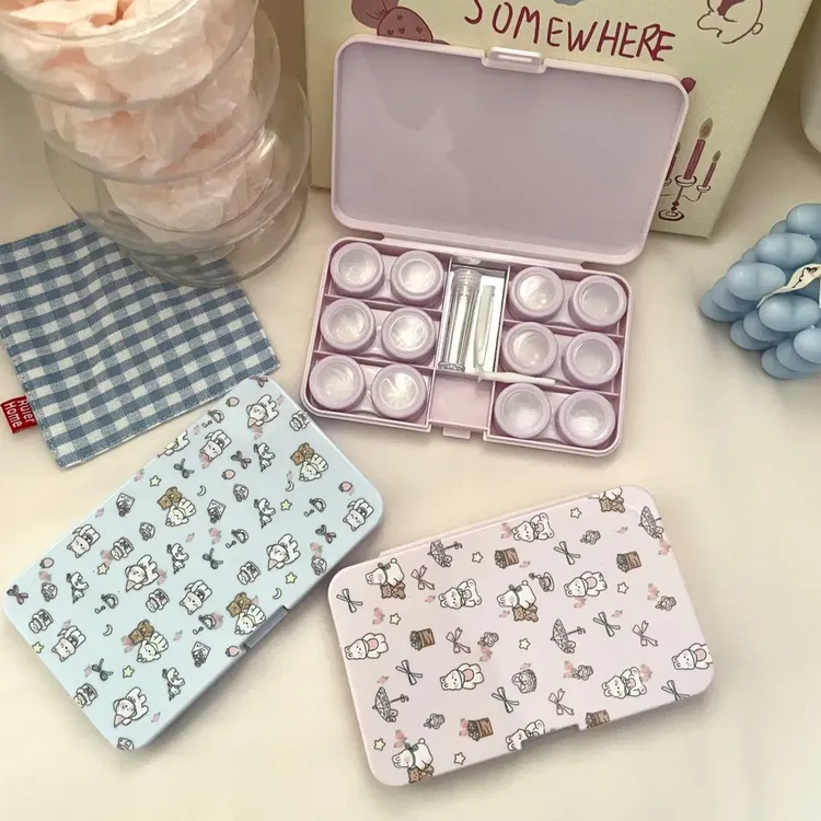 清新碎花动物美瞳收纳盒六副装护理盒透明带镜子高颜值隐形眼镜盒