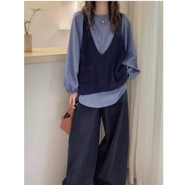2025早秋新款欧货针织背心格子长袖衬衫女士高级感时尚衬衣两件套