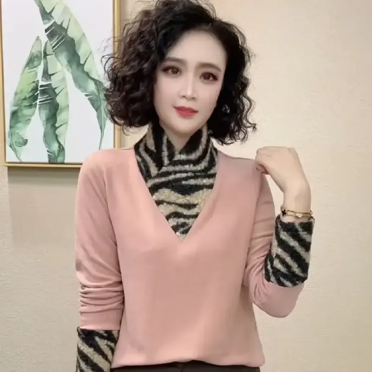 冬季新款时尚拼接保暖双面绒小衫洋气百搭减龄气质长袖T恤女上衣