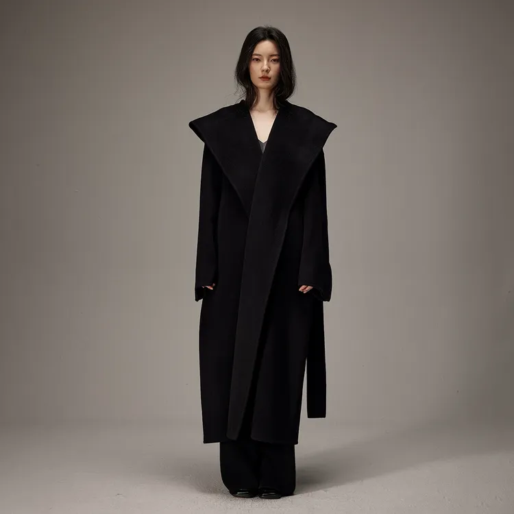 INOUTHRQ新款连帽10山羊绒宽松长款系带双面羊绒大衣廓形呢子外套