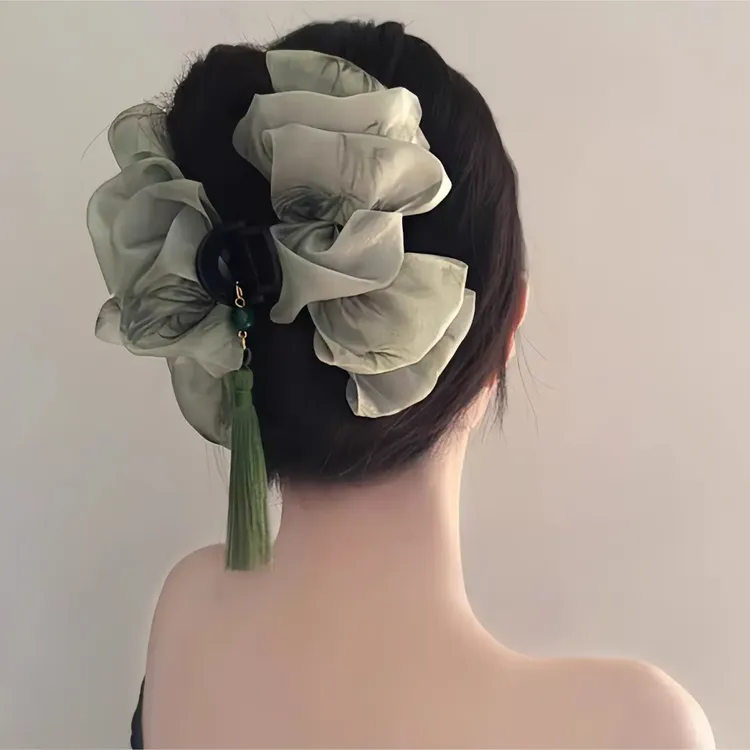 只此青绿复古流苏云朵网纱抓夹新中式气质时尚鲨鱼夹旅行发卡饰品