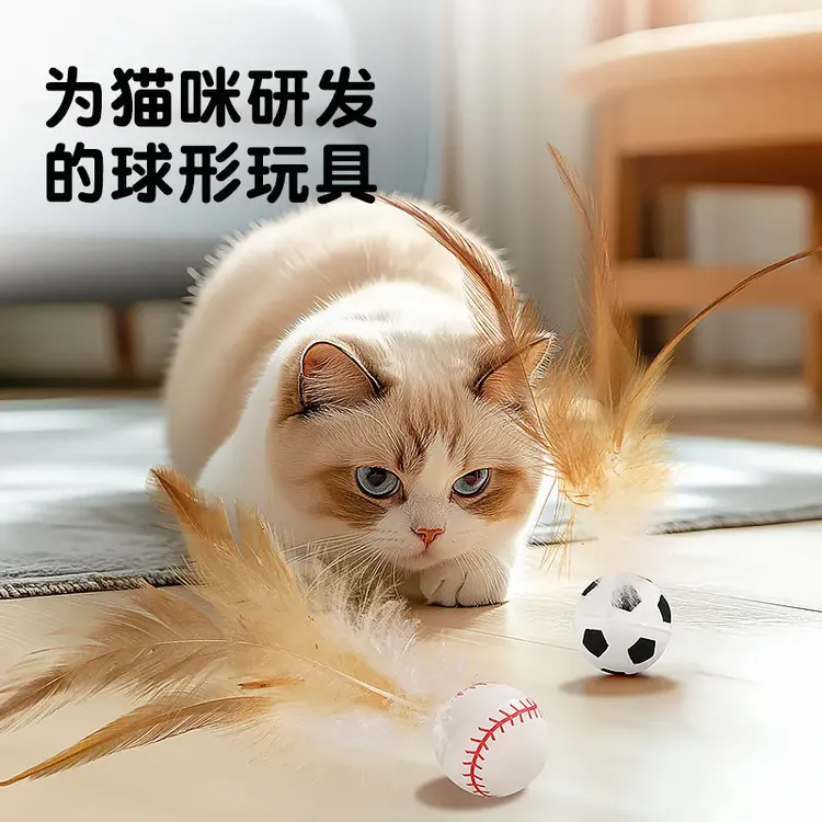 爆款逗猫咪羽毛玩具球弹力球自嗨磨牙逗猫狗人宠互动解闷橡胶球