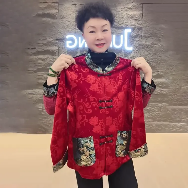 冬季国风外套复古盘扣金丝绒妈妈装大码唐装棉服加厚保暖棉袄外套