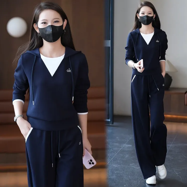 藏蓝色连帽显瘦撞色减龄韩版宽松休闲套装 直筒裤女 2025秋装长袖