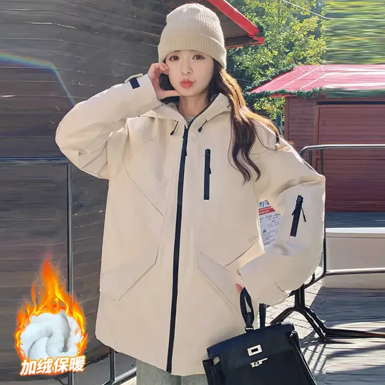 大码工装派克服休闲中长款2025新款韩系加厚连帽冲锋衣外套女宽松