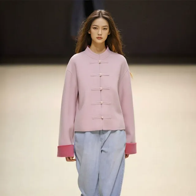 2025春季新款新中式国风宽松立领盘扣羊毛双面呢短款粉色毛呢外套