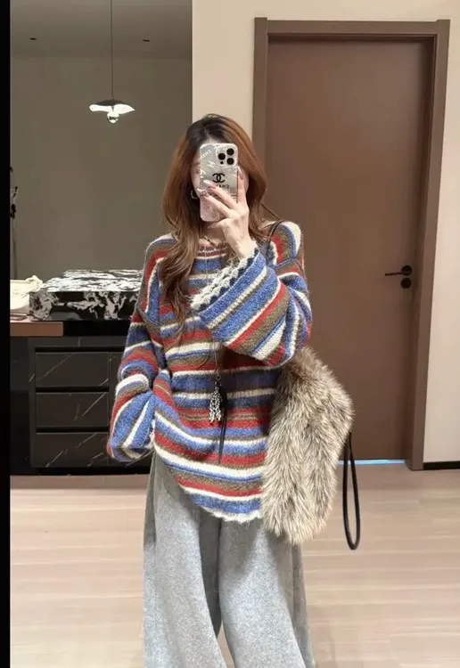 圣诞系列 条纹撞色设计感针织毛衣百搭圆领复古慵懒风2025新款