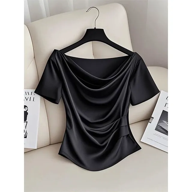 法式黑色一字肩荡领T恤女短袖高级感2025夏季新款短款掐收腰上衣