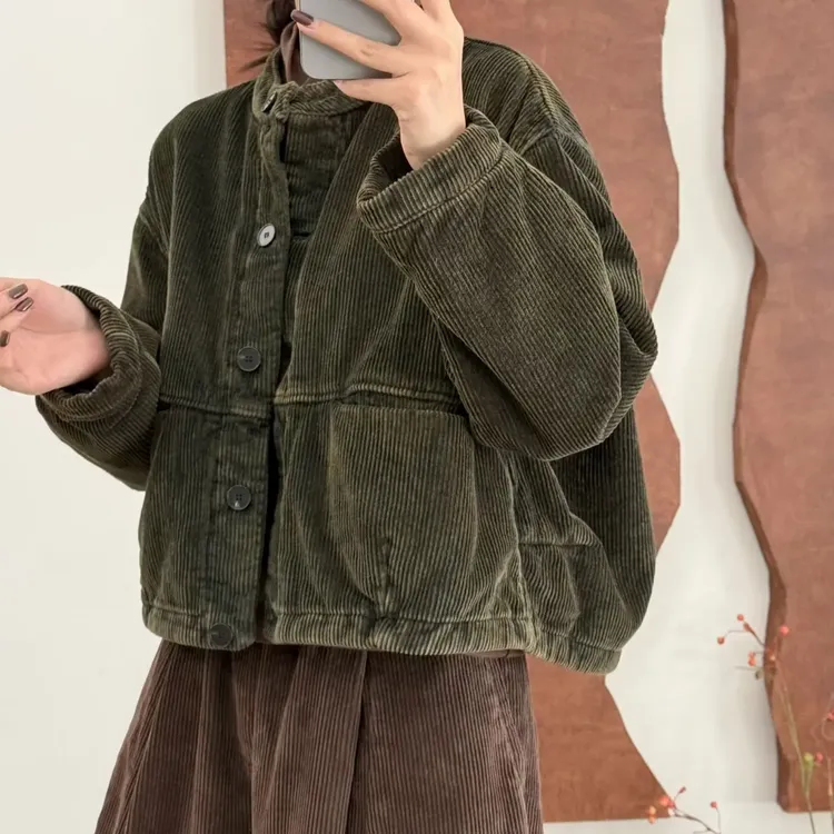 冬季宽松休闲时尚短款炒色做旧条绒长袖棉衣小个子专属衣长55厘米