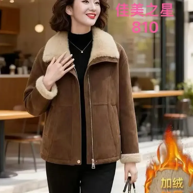 中老年妈妈秋冬加绒加厚翻领保暖棉袄外套洋气棉服