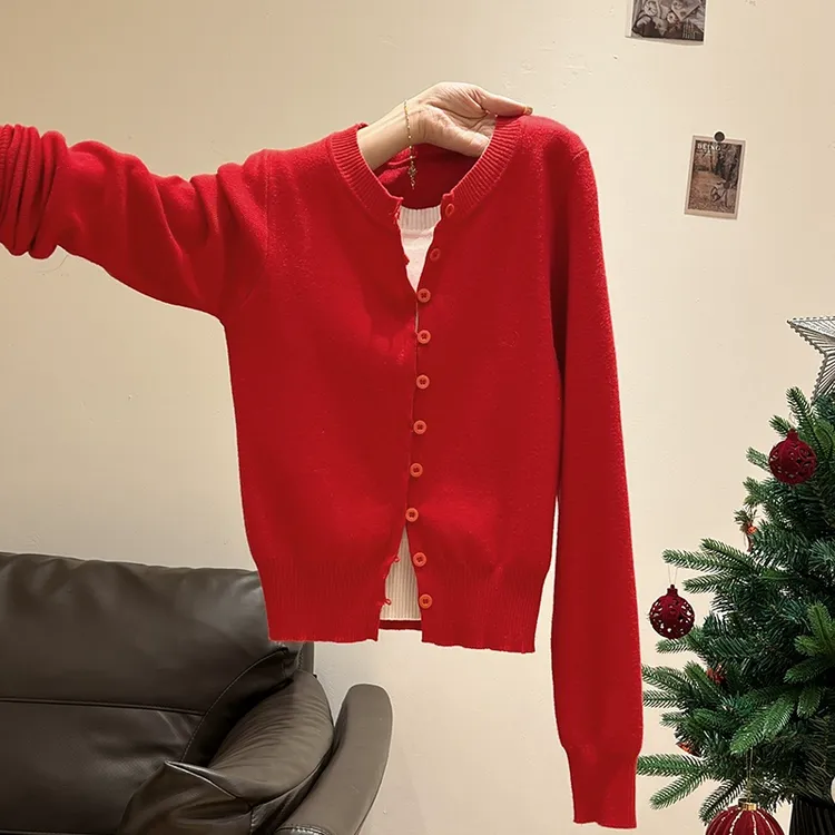 红色假两件长袖针织开衫2026春秋女装新款修身高级感新春穿搭毛衣