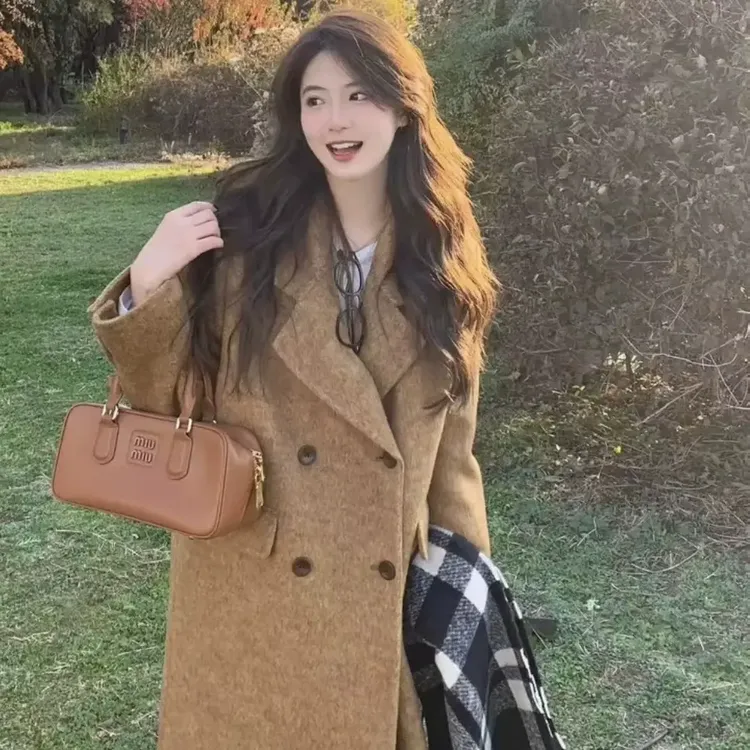 秋冬双面手工大衣直角肩正肩气质通勤韩版显瘦百搭中长款