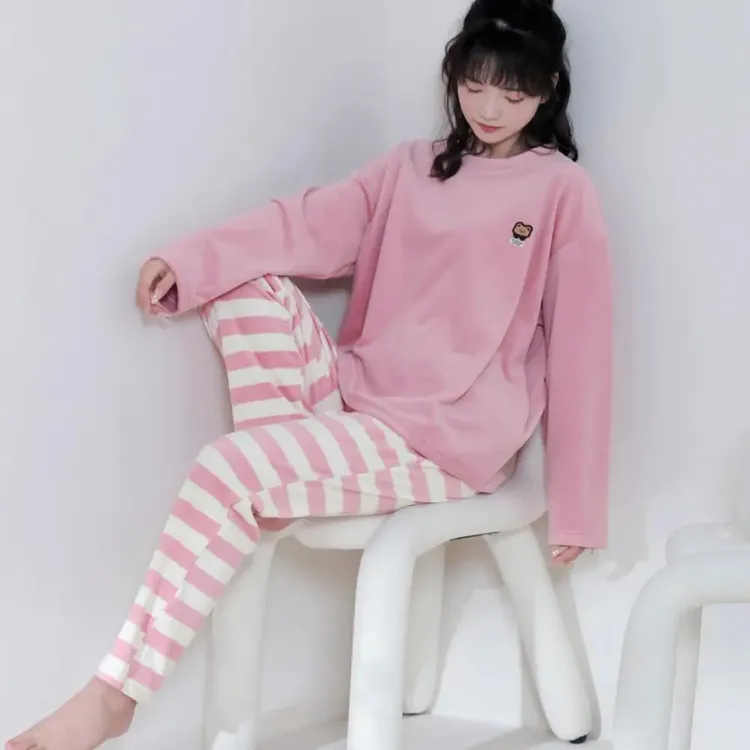 澳毛绒套装睡衣冬季加绒加厚女舒适卡通学生可外穿家居服套装秋冬