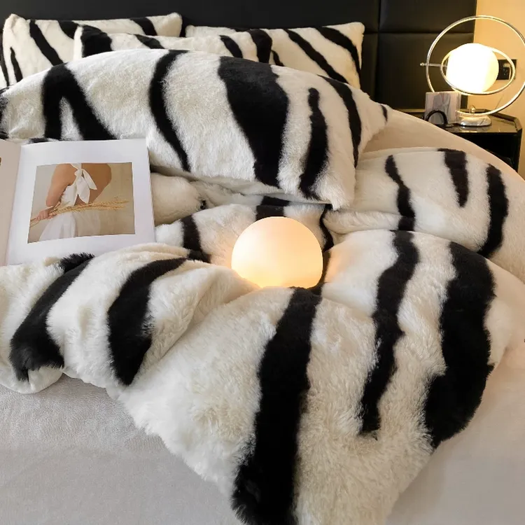 A类氛围感斑马纹兔毛牛奶绒四件套冬季加厚保暖珊瑚绒被套床笠款4