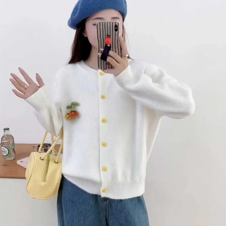 韩系秋款甜美气质立体小南瓜宽松百搭显瘦毛衣羊绒圆领开衫外套