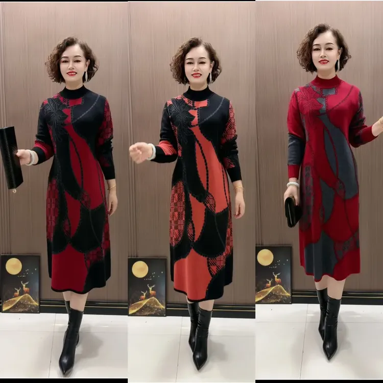 90100中长款秋冬季时尚针织提花长袖长款V领百搭显瘦妈妈连衣裙