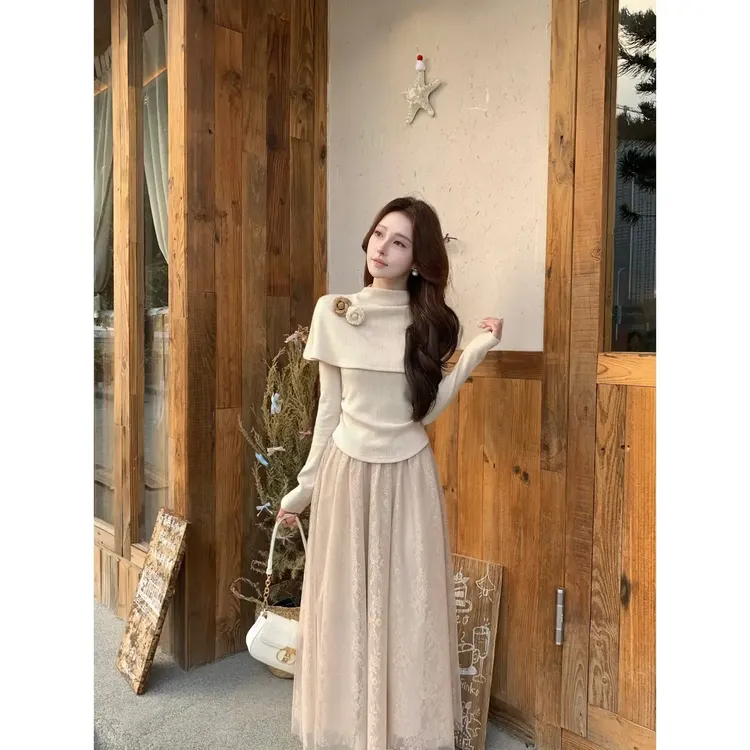 法式高级感简约立体小花小立领斗篷针织长袖上衣配蕾丝纱裙套装