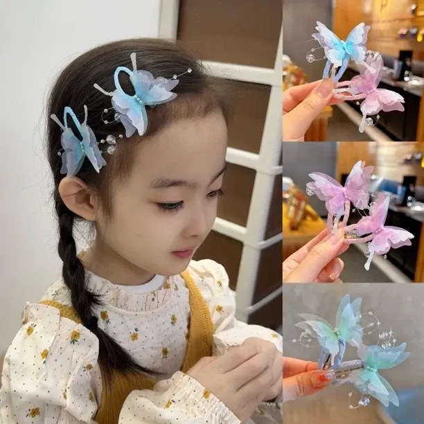 2025春款仙气渐变蝴蝶儿童对夹网红编发做造型女童BB夹发饰A867