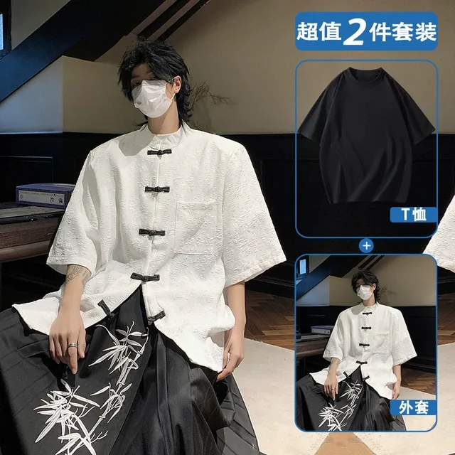 中式扣外套国风短袖衬衫盘薄唐装新男装中山装衬衣款夏季汉服男男