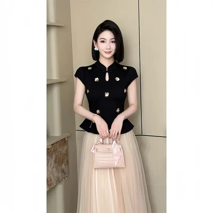 夏季绣花中式立领垂感网纱A字裙气质遮肉两件套