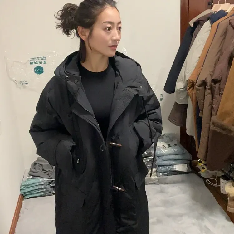 冬季新款休闲简约时尚连帽加厚保暖宽松长款棉服外套女款