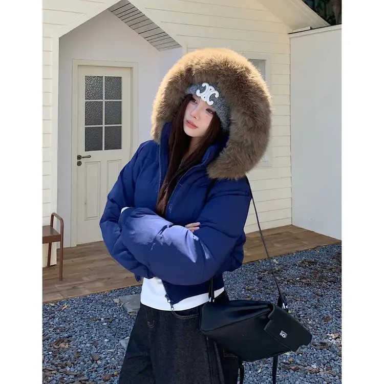 毛领边连帽短款面包服女装冬季新款美式高街百搭加厚保暖棉服外套