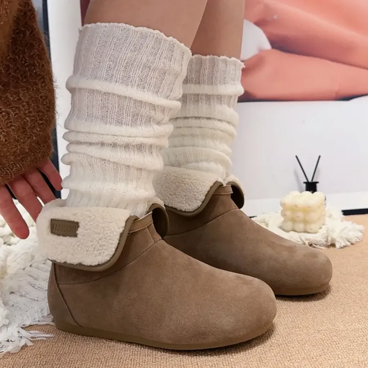 冬季中筒搭扣时尚拼色百搭保暖棉鞋时尚雪地靴短靴