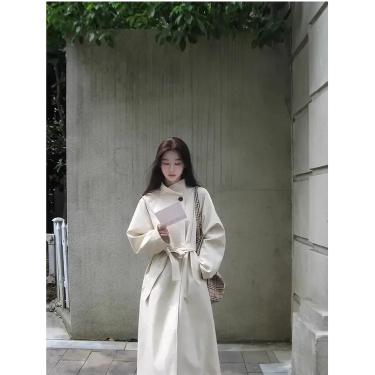 白色风衣外套女2025秋季新款小个子高级感韩系中长款立领过膝大衣