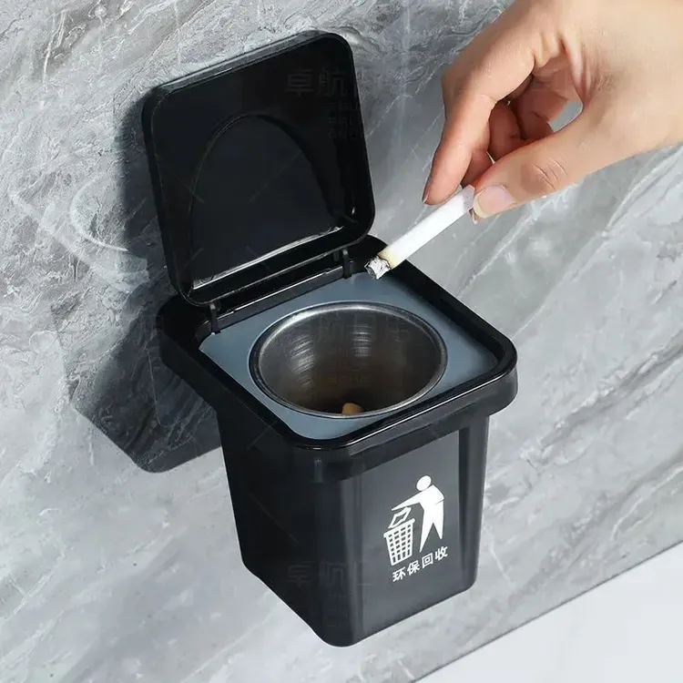 卫生间烟灰缸通用家用卫生间壁挂式可可烟灰缸带盖防飞专用缸厕所