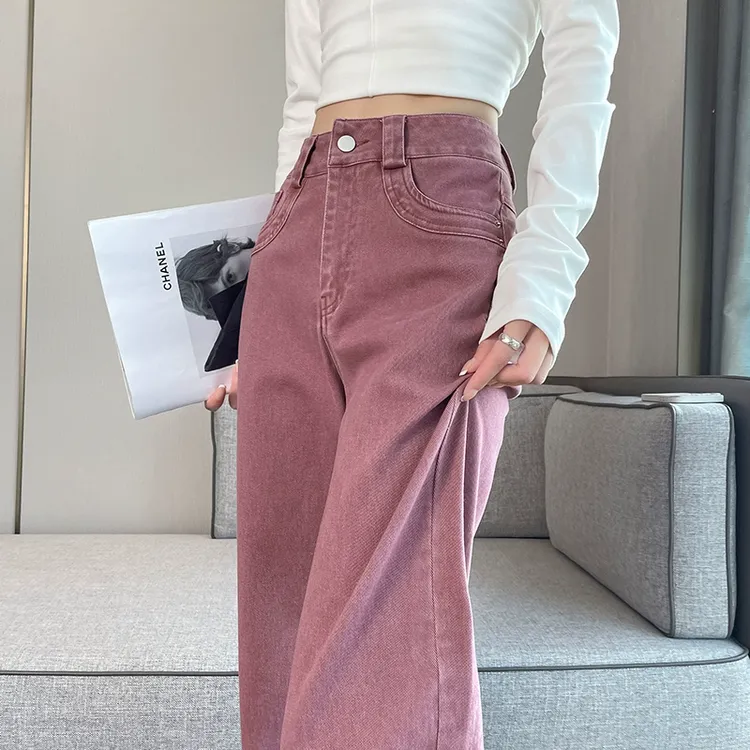 粉色牛仔裤女春秋2025新款梨型身材天丝小个子高腰显瘦窄版直筒裤