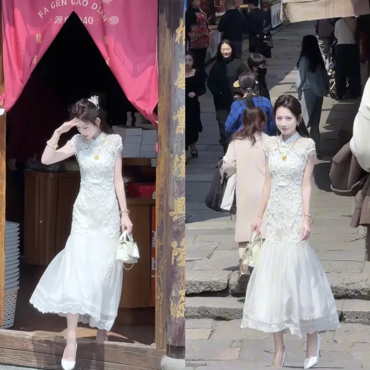 《梦里花》高定系列 重工盘花珠袖改良旗袍收腰显瘦盘扣收腰显瘦裙