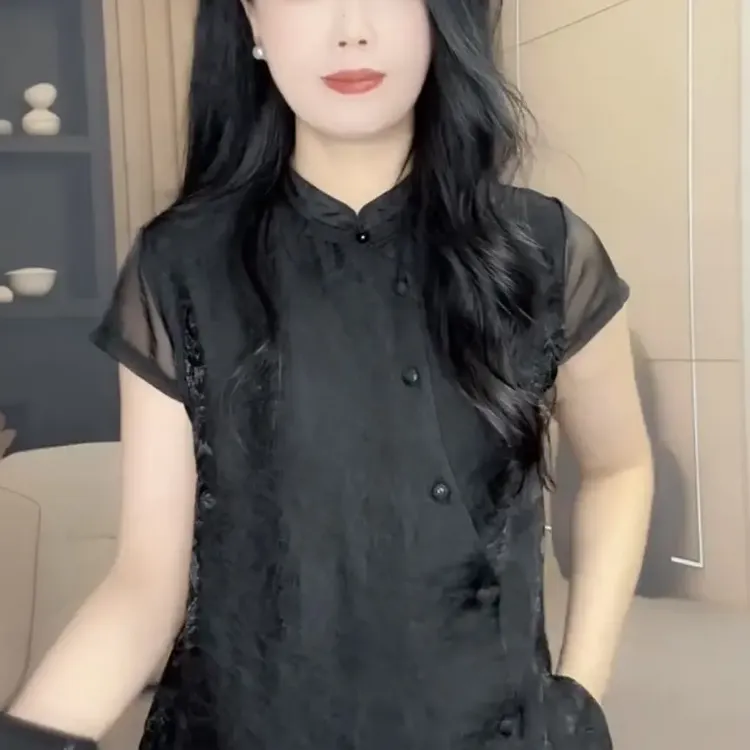 新中式国风女夏宽松立领盘扣提花衬衫气质百搭显瘦黑色琉璃锻网纱