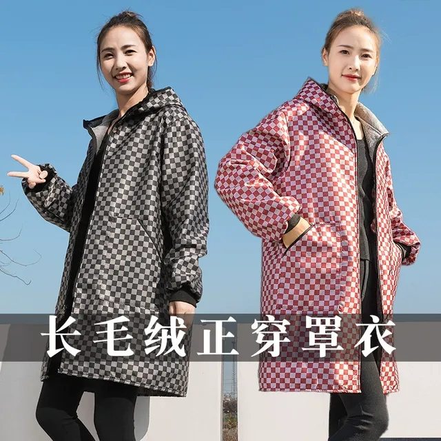 加厚长绒家用厨房防水长袖围裙外套上班干活罩衣工作服正穿护衣