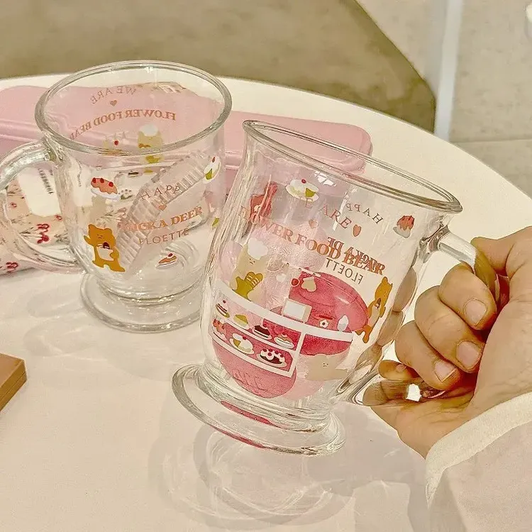 【买一送一】可爱小熊蛋糕杯子玻璃水杯子ins高颜值印花便携大容量