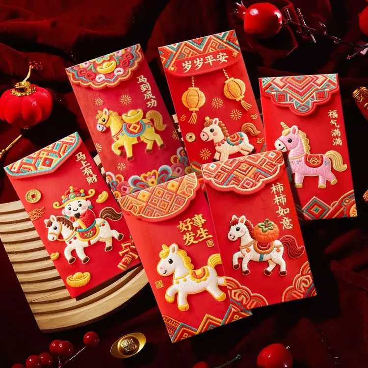 2026马年新款卡通萌马高清平面刺绣风格可爱春节红包利是封