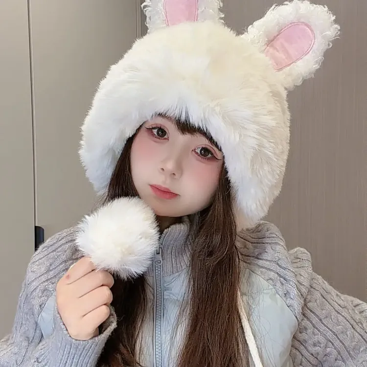 冬季女兔耳朵毛绒帽可爱加厚保暖加绒百搭显脸小护耳
