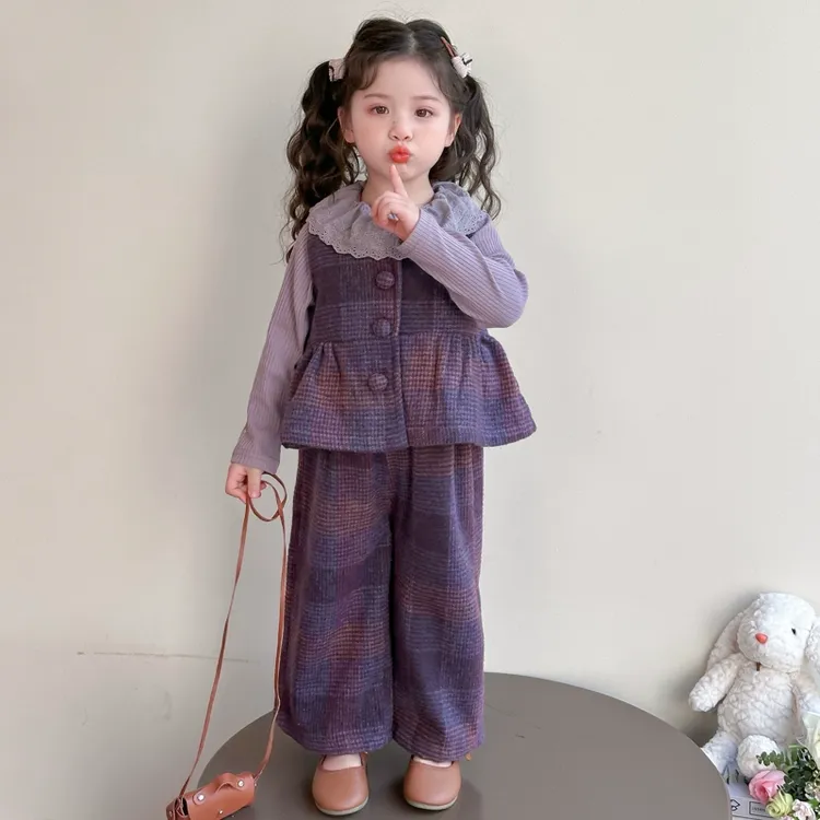 女童秋季套装2025新款儿童格子三件套女宝宝韩版洋气春秋衣服时髦