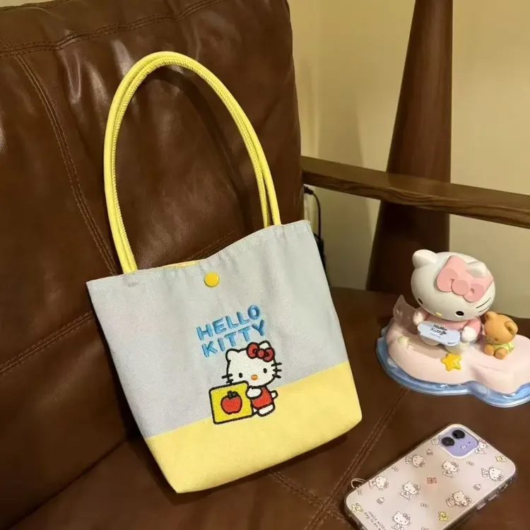 奶黄撞色可爱kitty元气拎包少女心刺绣高颜值手拎包拼色手提包