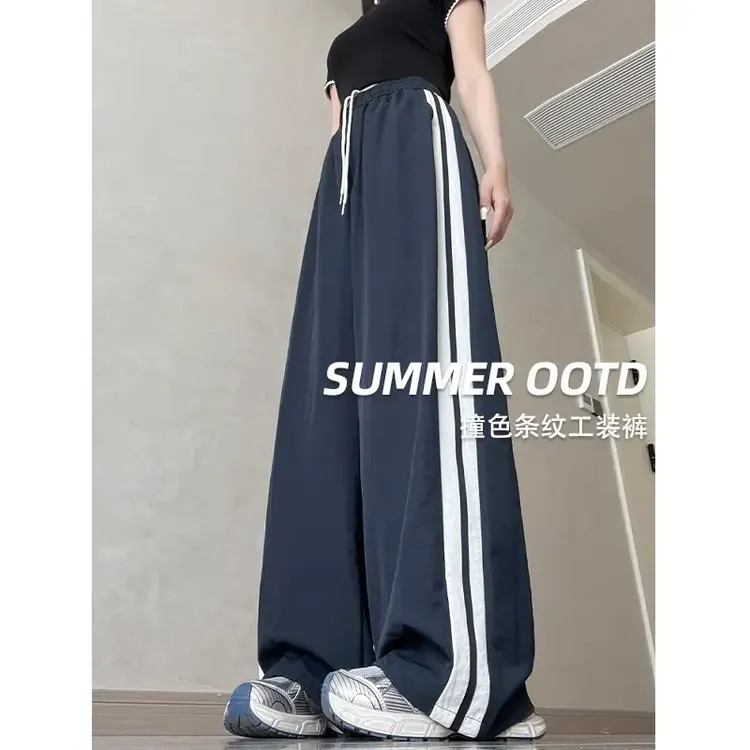 美式复古侧边条纹休闲裤女夏季直筒卫裤宽松显瘦阔腿运动速干裤子