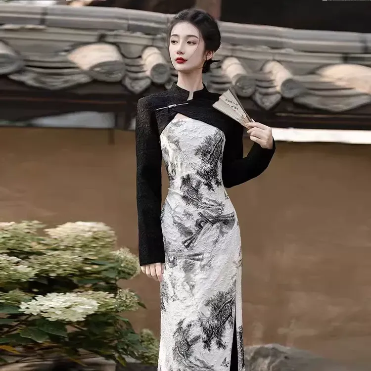 潮牌新中式国风改良日常旗袍少女春秋水墨画印花中长款收腰连衣裙