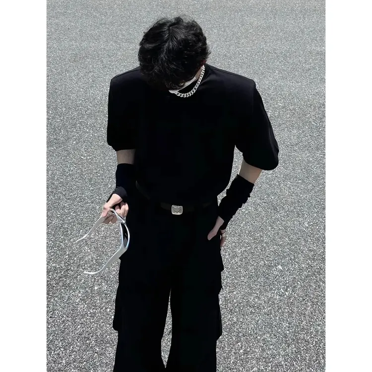 美式高街垫肩重磅百搭短袖T恤男夏季高级感痞帅潮牌宽松五分半袖